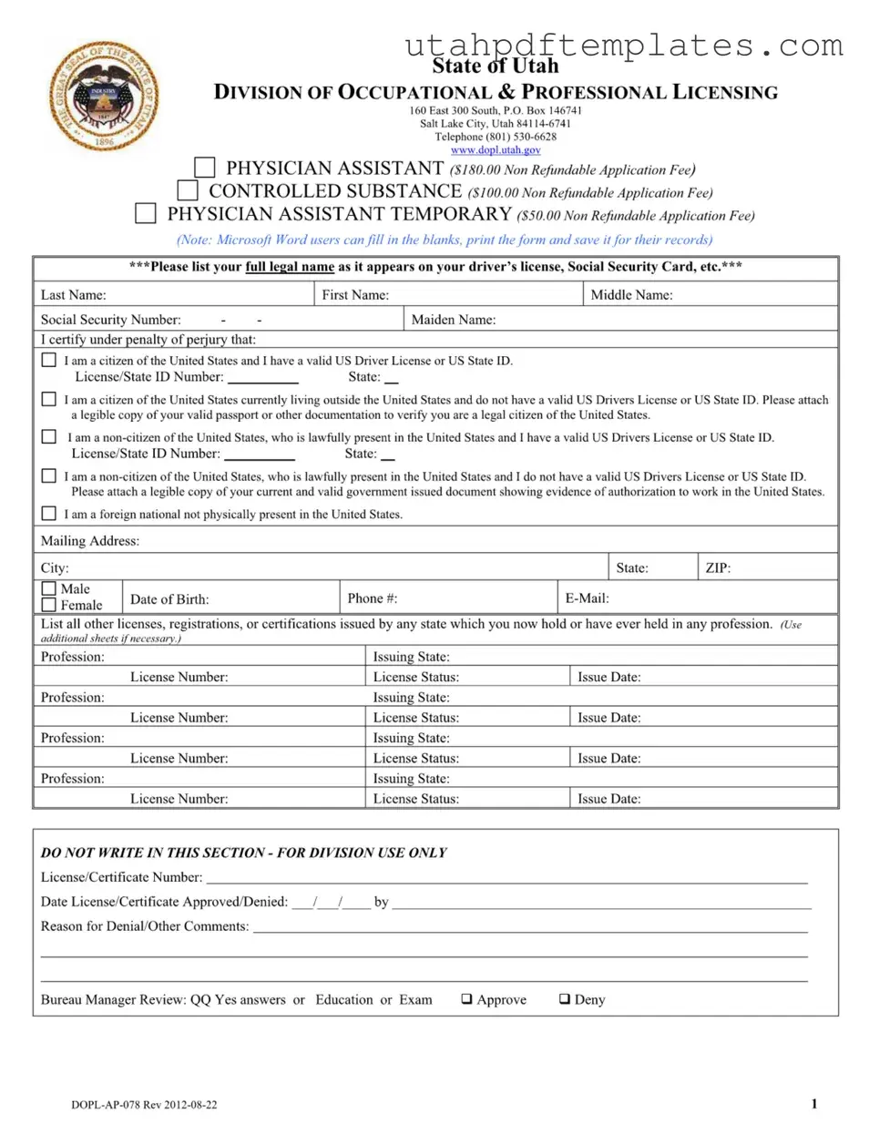 Fill in Your Dopl Ap 078 Utah Form