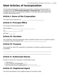 Fillable Articles of Incorporation Form for Utah State