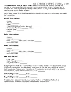 Fillable Motor Vehicle Bill of Sale Form for Utah State