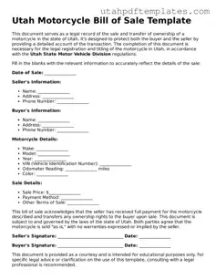 Fillable Motorcycle Bill of Sale Form for Utah State
