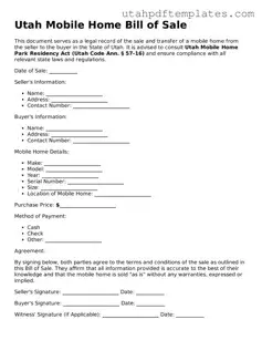 Fillable Mobile Home Bill of Sale Form for Utah State