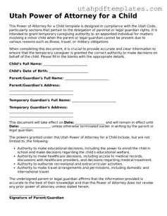 Fillable Power of Attorney for a Child Form for Utah State
