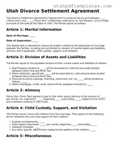 Fillable Divorce Settlement Agreement Form for Utah State