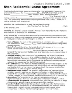 Fillable Residential Lease Agreement Form for Utah State