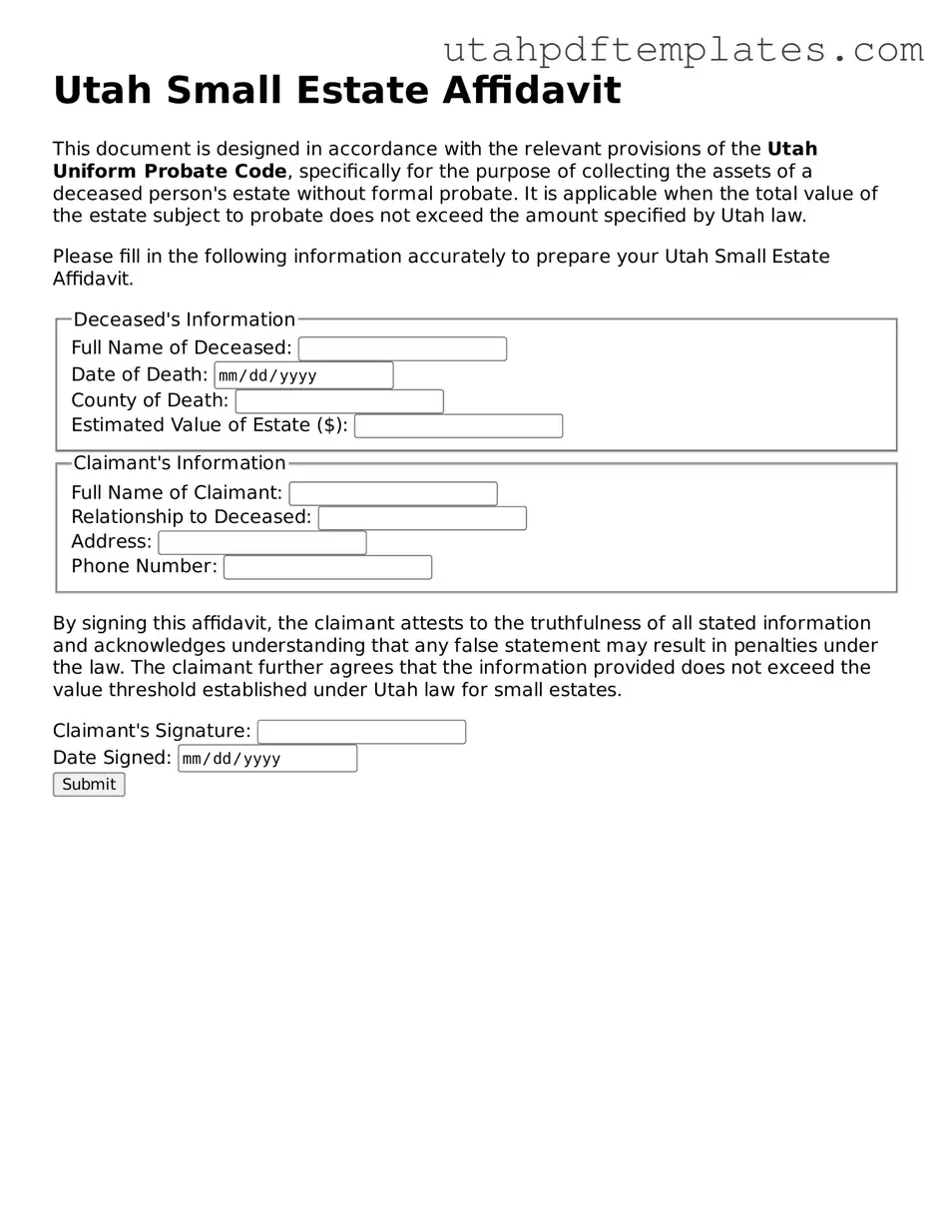Fillable Small Estate Affidavit Form for Utah State