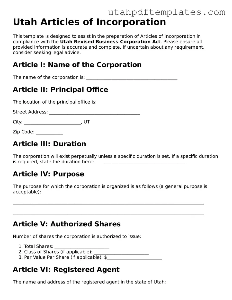 Fillable Articles of Incorporation Form for Utah State