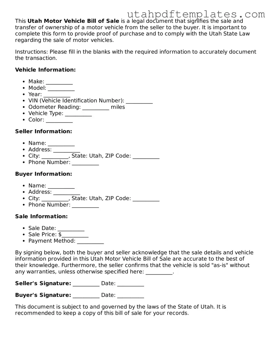 Fillable Motor Vehicle Bill of Sale Form for Utah State