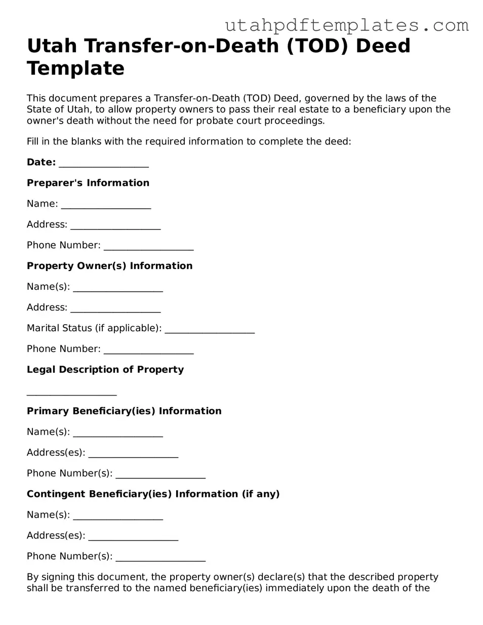 Fillable Transfer-on-Death Deed Form for Utah State