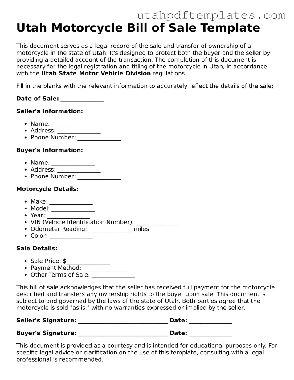 Fillable Motorcycle Bill of Sale Form for Utah State