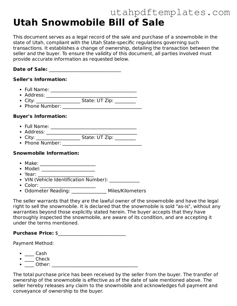 Fillable Snowmobile Bill of Sale Form for Utah State