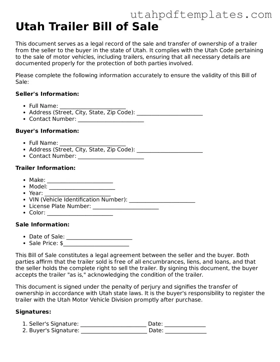 Fillable Trailer Bill of Sale Form for Utah State