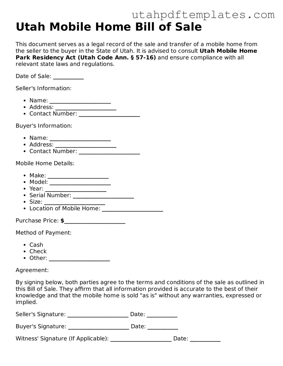 Fillable Mobile Home Bill of Sale Form for Utah State