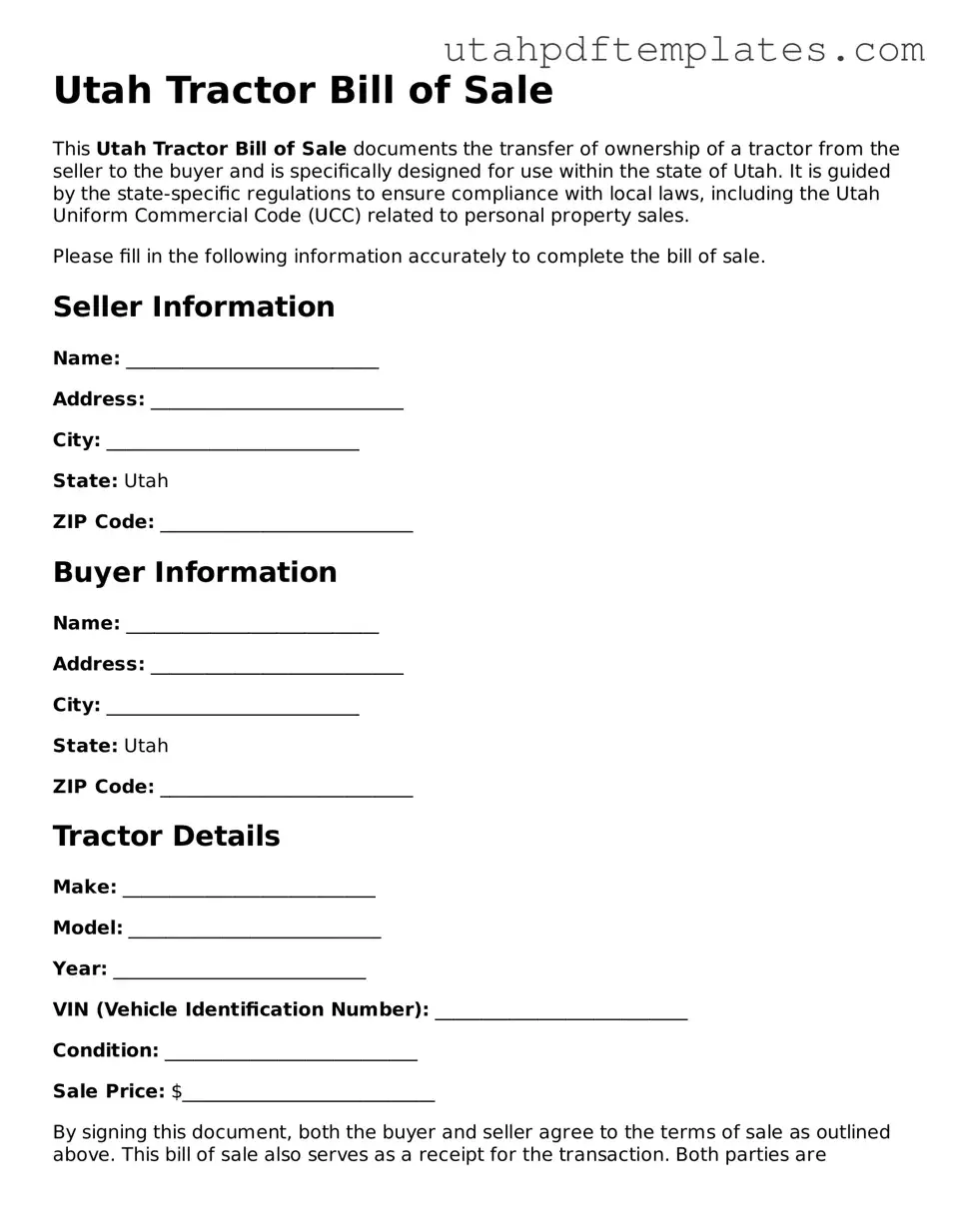 Fillable Tractor Bill of Sale Form for Utah State