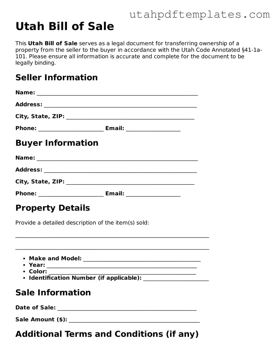 Fillable Bill of Sale Form for Utah State