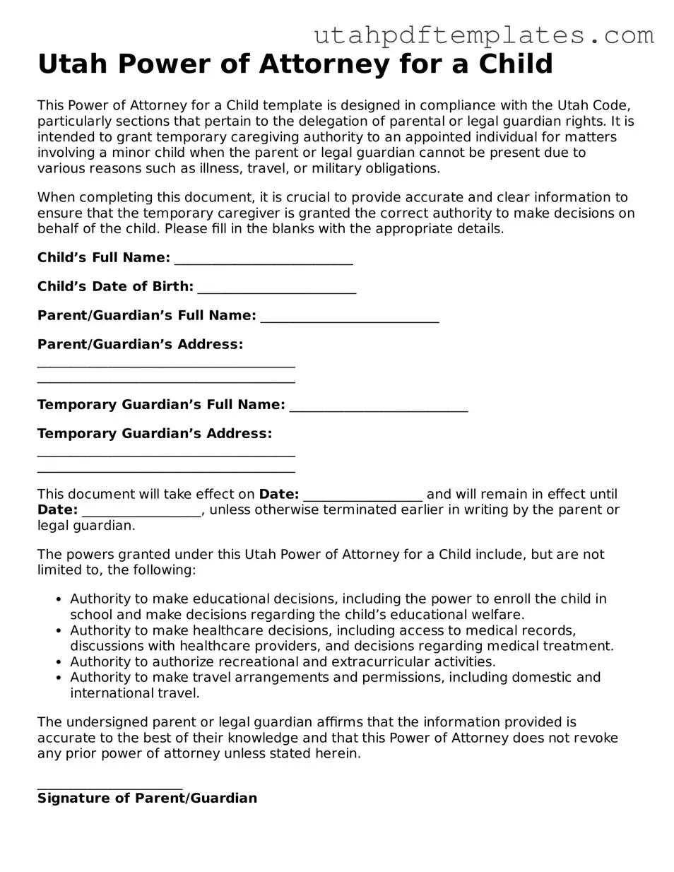 Fillable Power of Attorney for a Child Form for Utah State