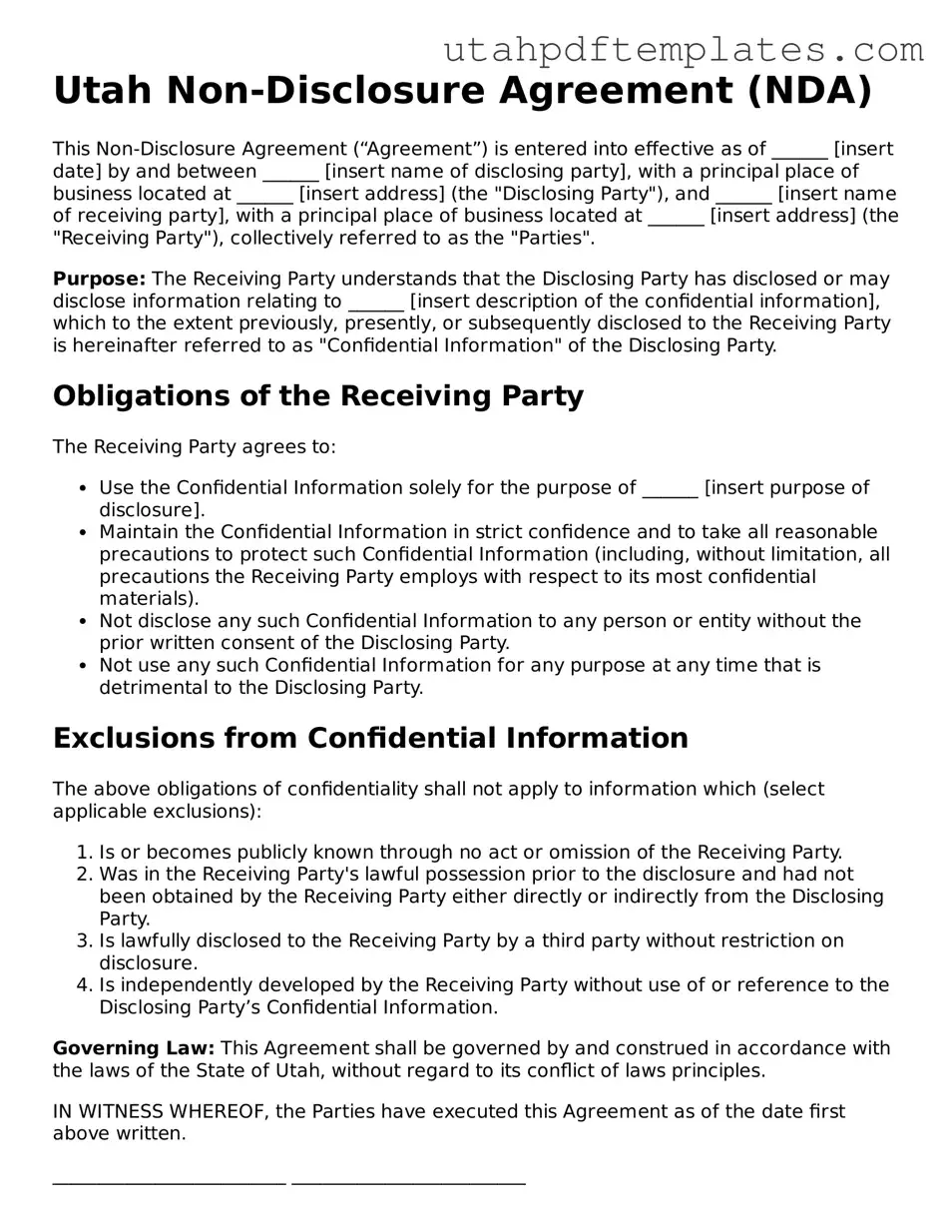 Fillable Non-disclosure Agreement Form for Utah State