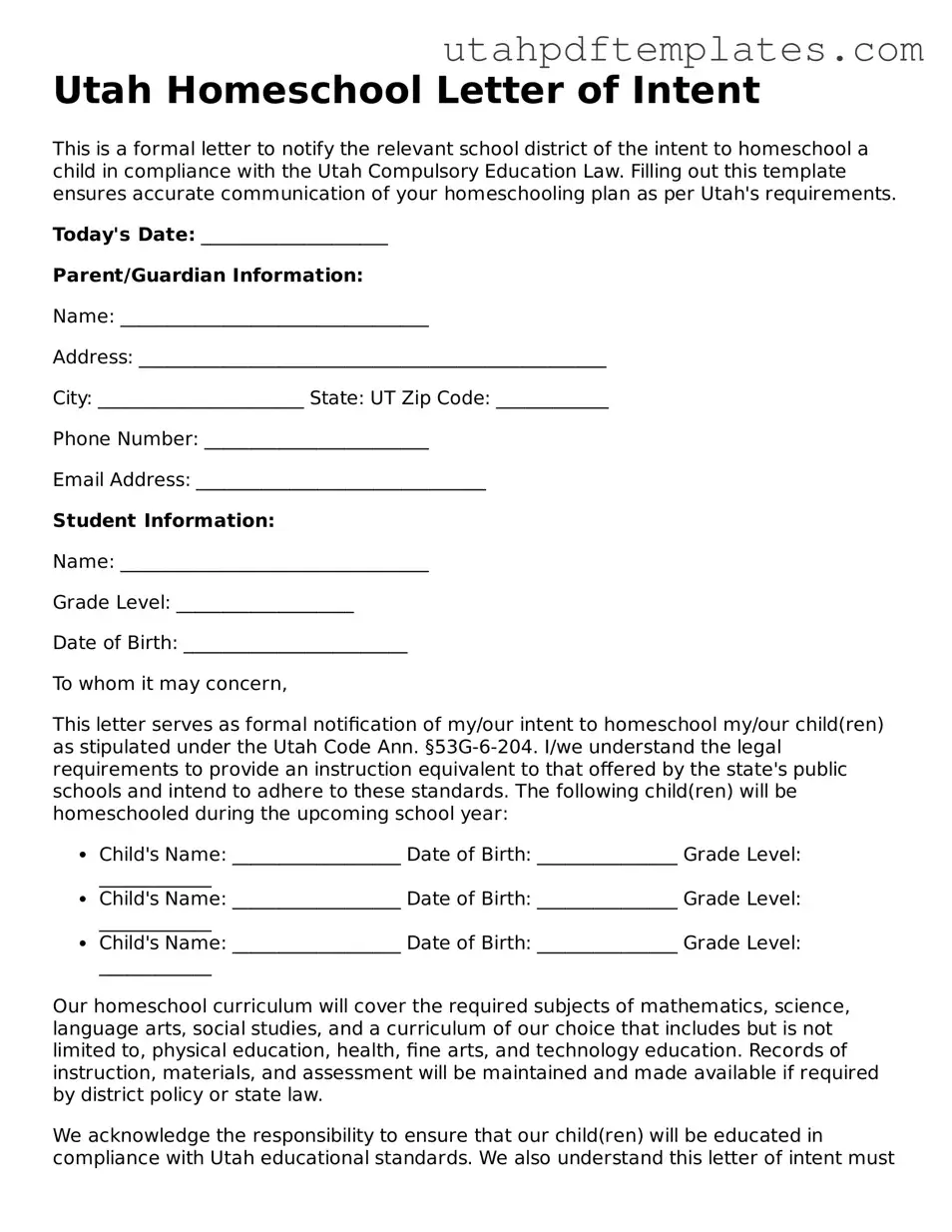 Fillable Homeschool Letter of Intent Form for Utah State