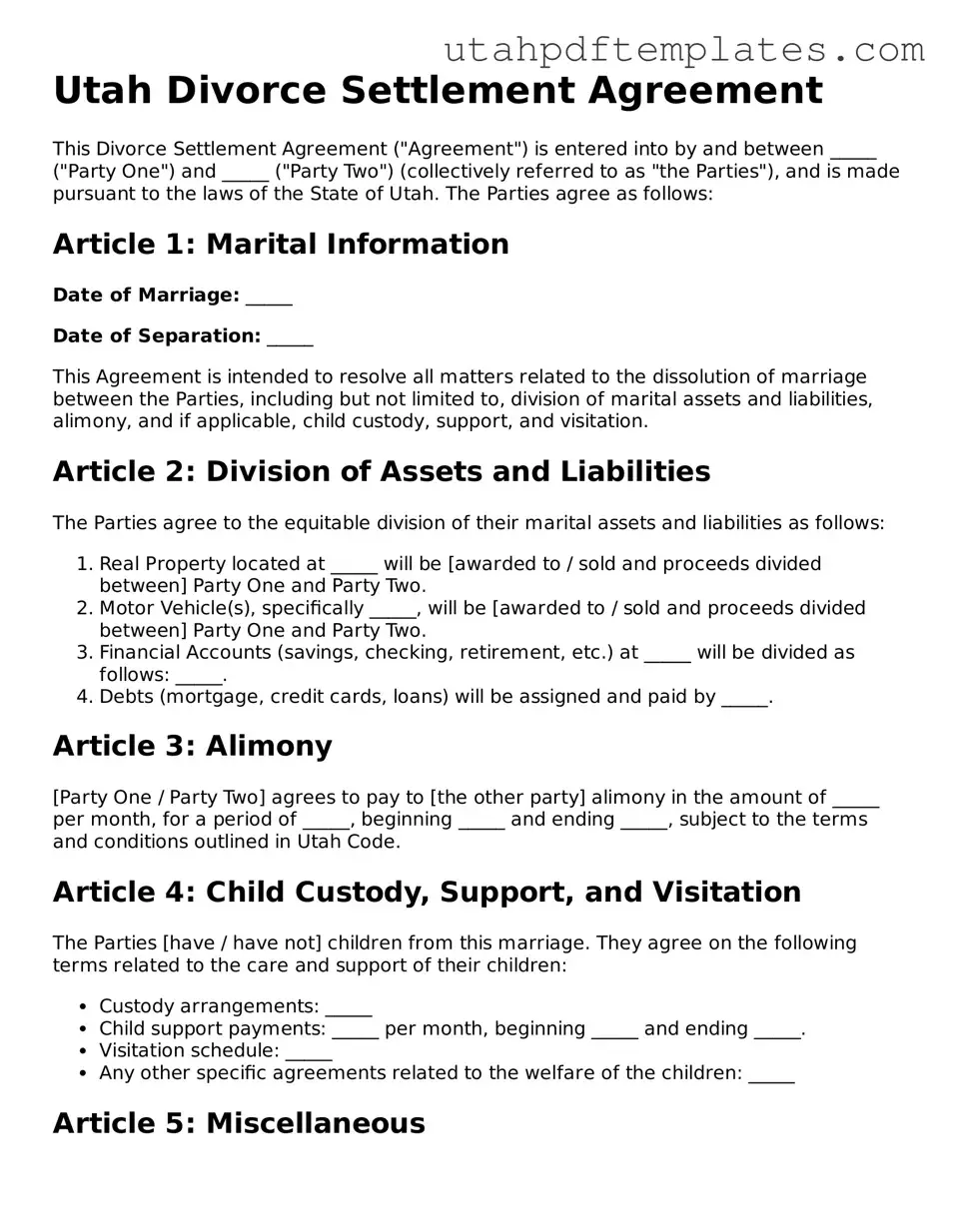 Fillable Divorce Settlement Agreement Form for Utah State
