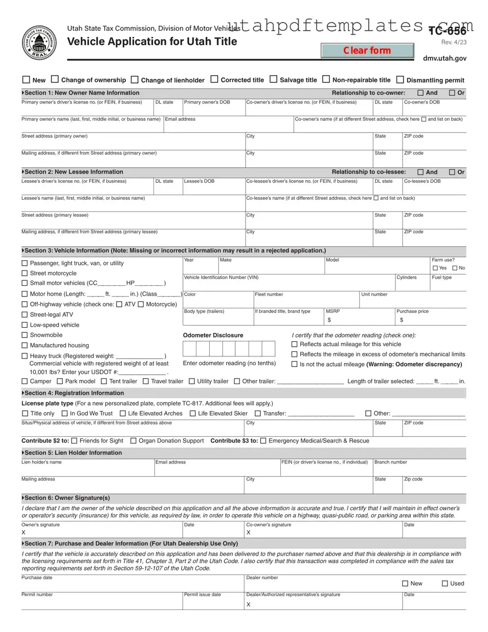 Fill in Your Utah Dmv Tc 656 Form