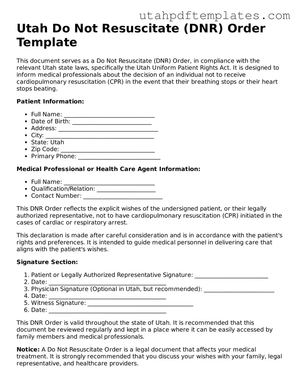 Fillable Do Not Resuscitate Order Form for Utah State