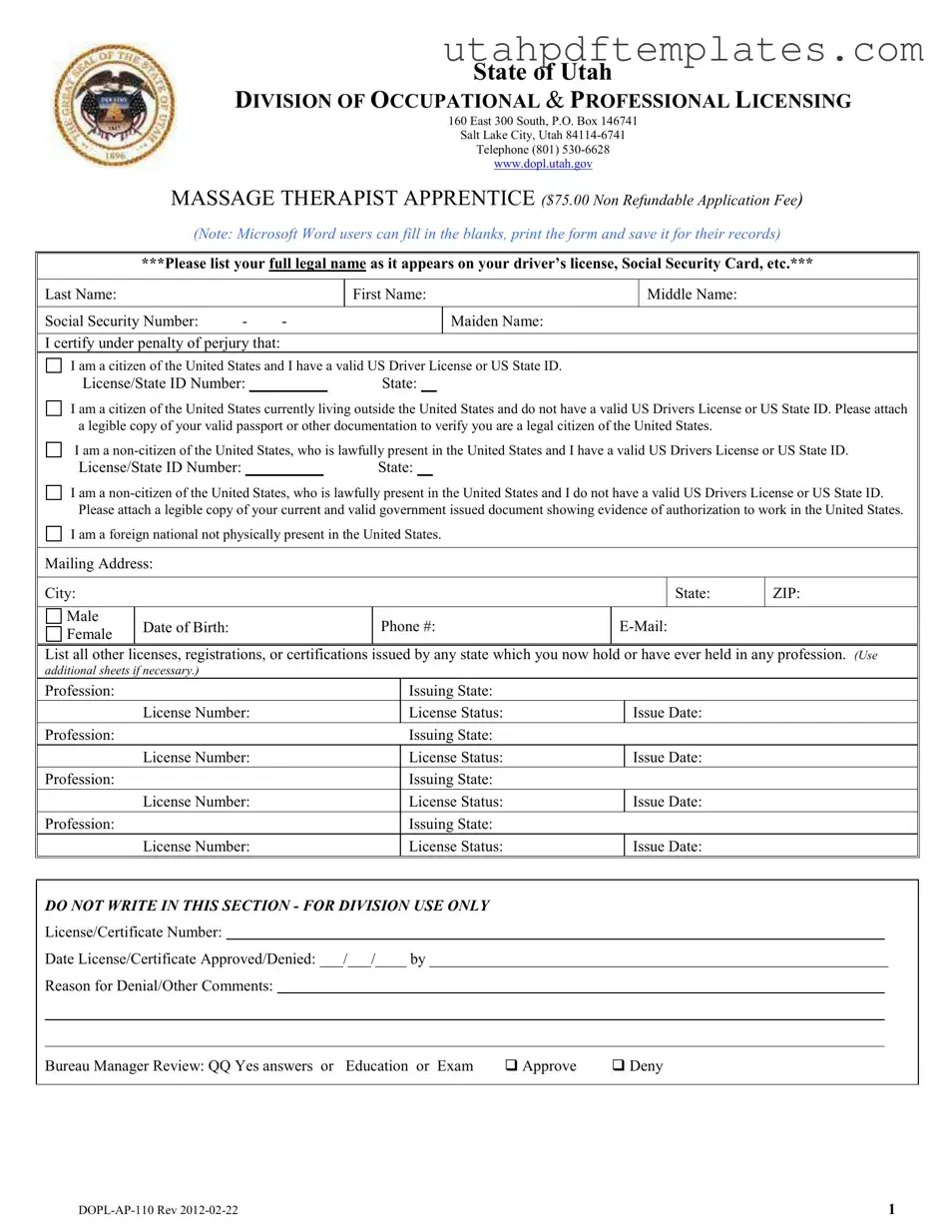 Fill in Your Utah Dopl Ap 110 Form