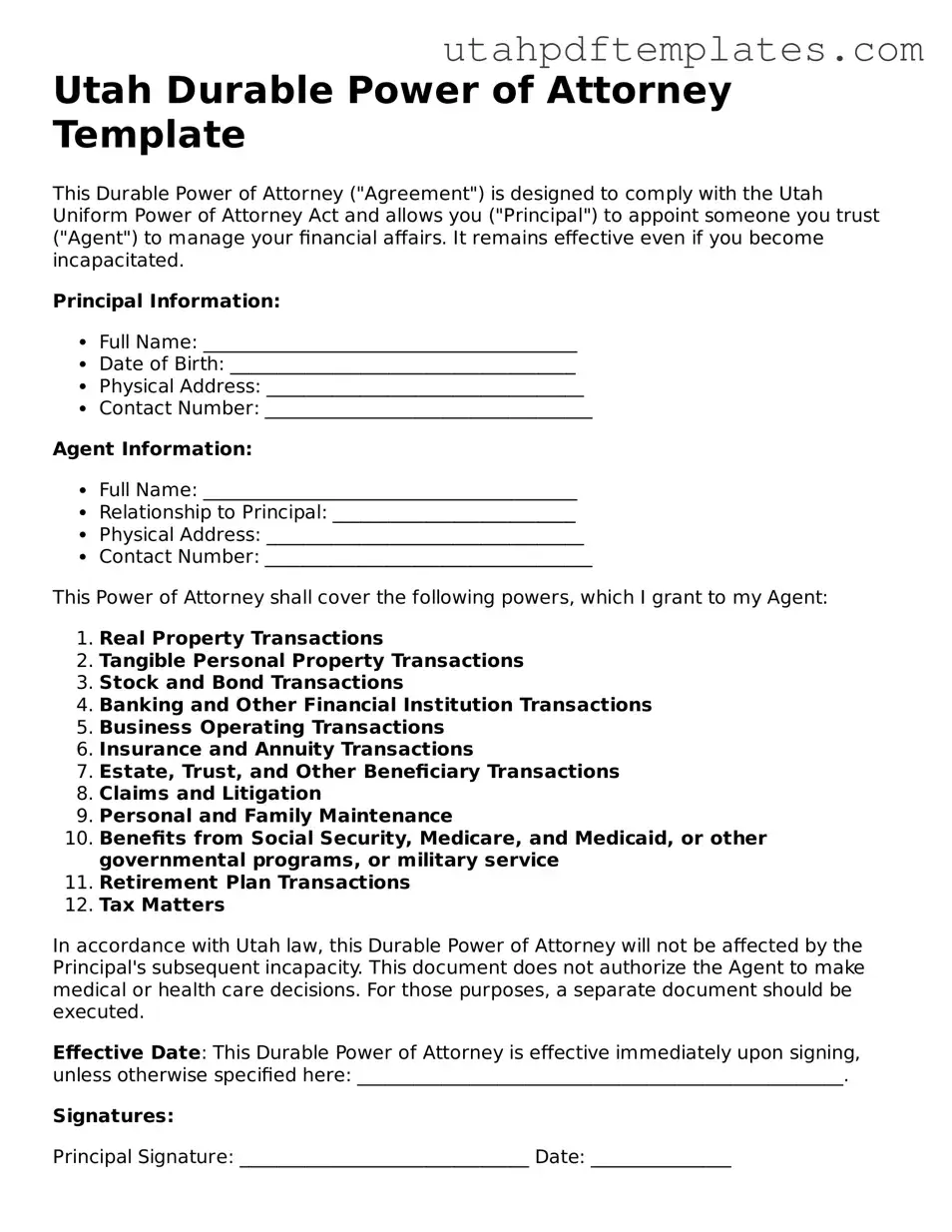 Fillable Durable Power of Attorney Form for Utah State