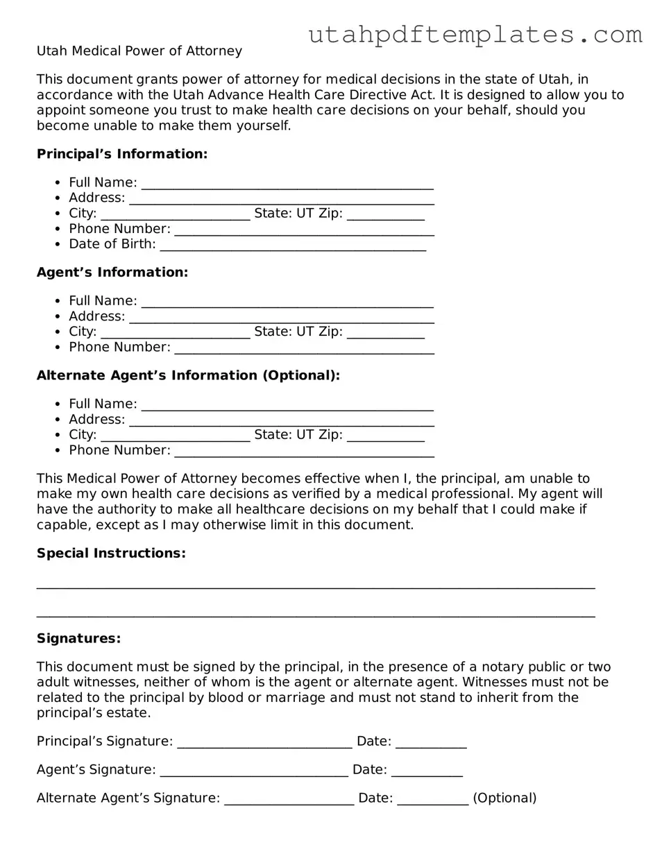 Fillable Medical Power of Attorney Form for Utah State