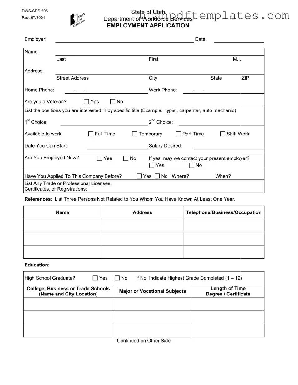 Fill in Your Utah Dws Sds 305 Form