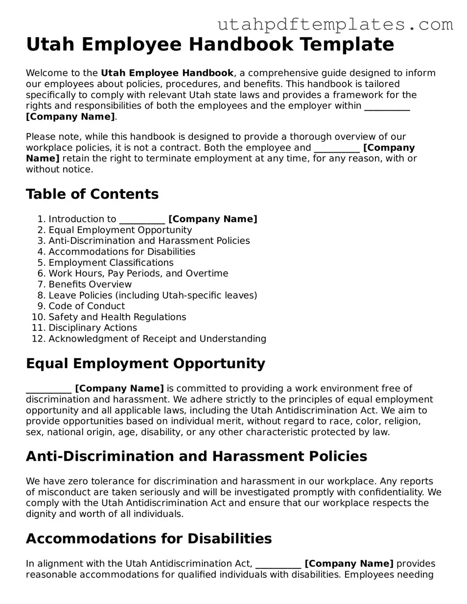 Fillable Employee Handbook Form for Utah State