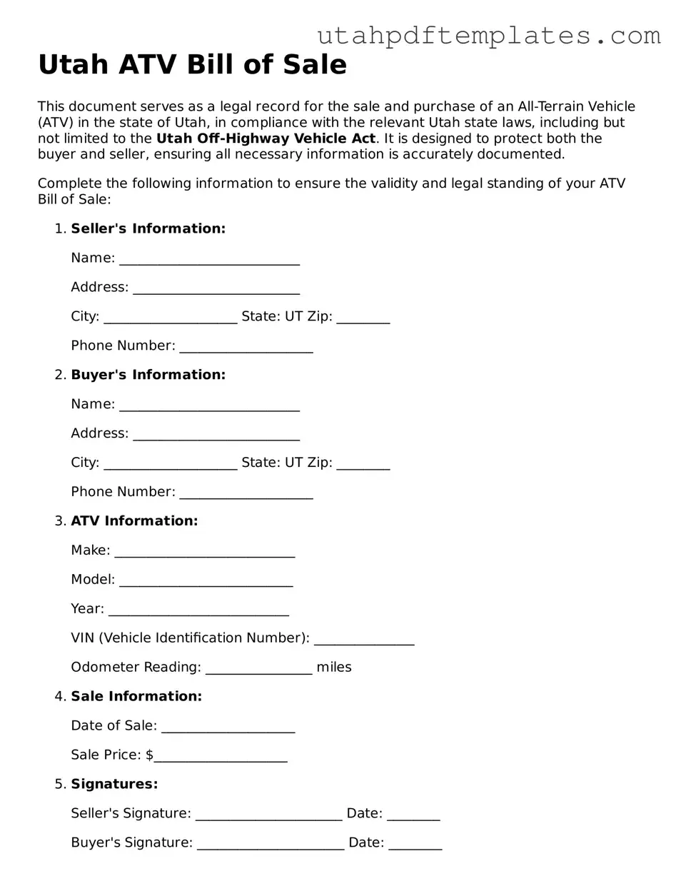 Fillable ATV Bill of Sale Form for Utah State