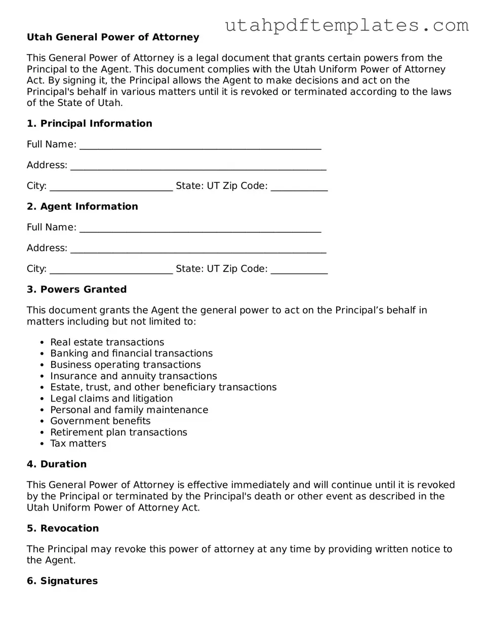 Fillable General Power of Attorney Form for Utah State