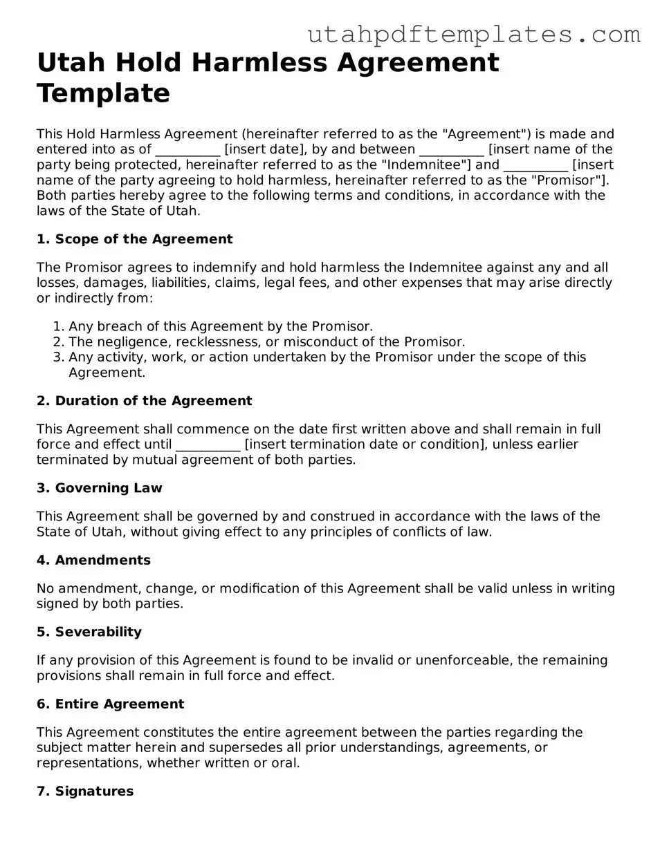 Fillable Hold Harmless Agreement Form for Utah State