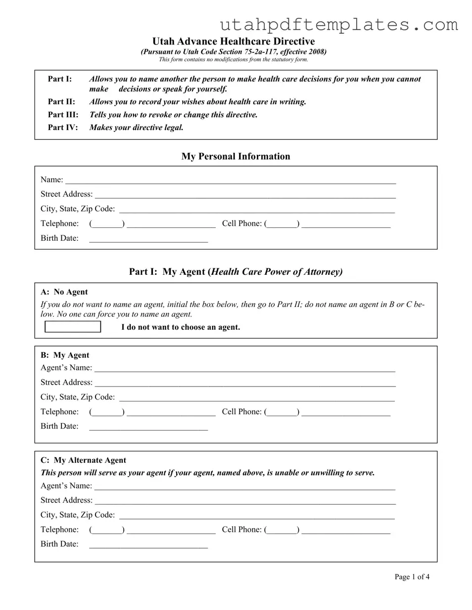 Fill in Your Utah Healthcare Directive Form
