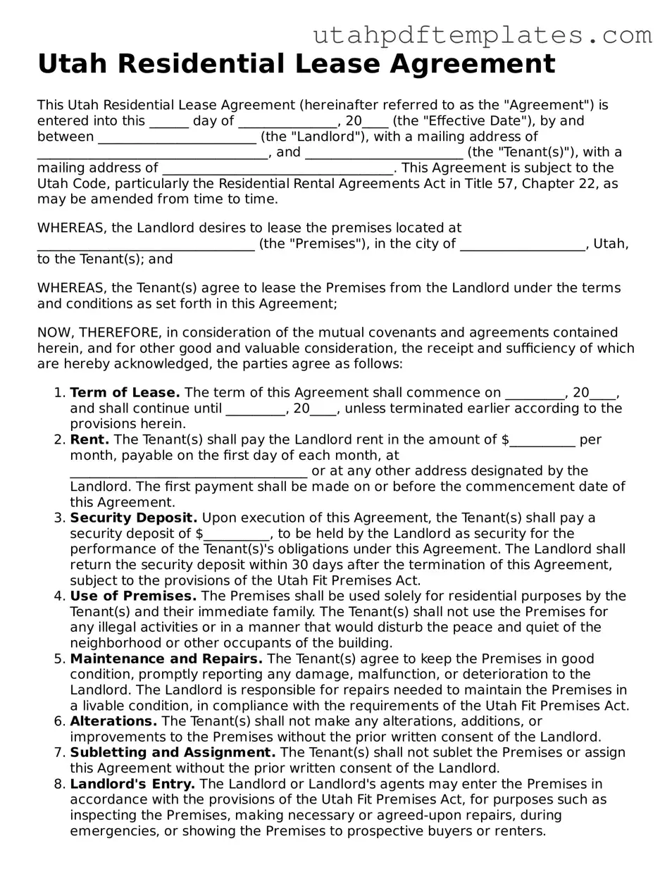 Fillable Residential Lease Agreement Form for Utah State