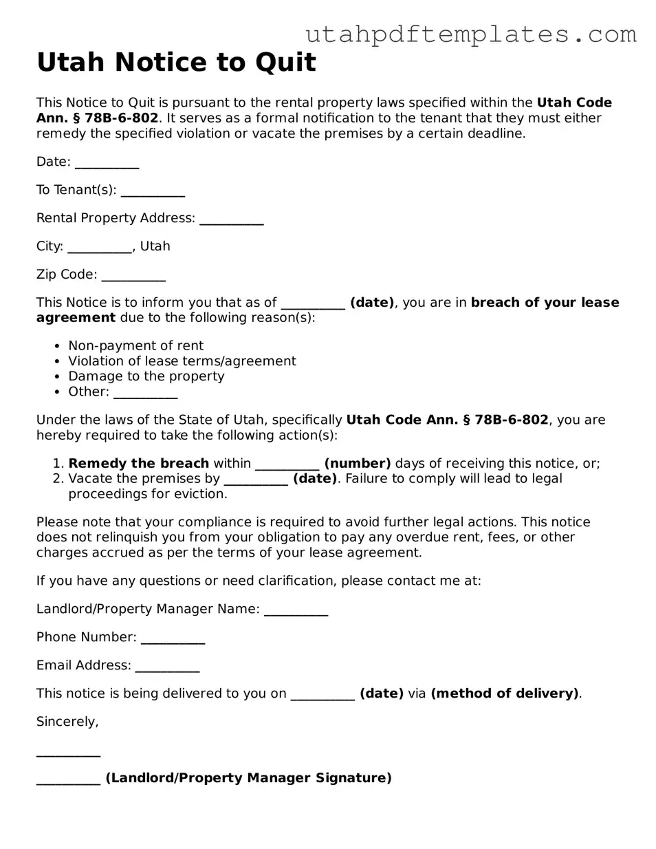 Fillable Notice to Quit Form for Utah State
