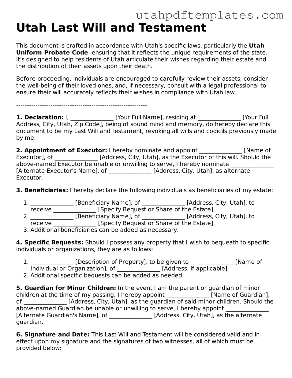 Fillable Last Will and Testament Form for Utah State