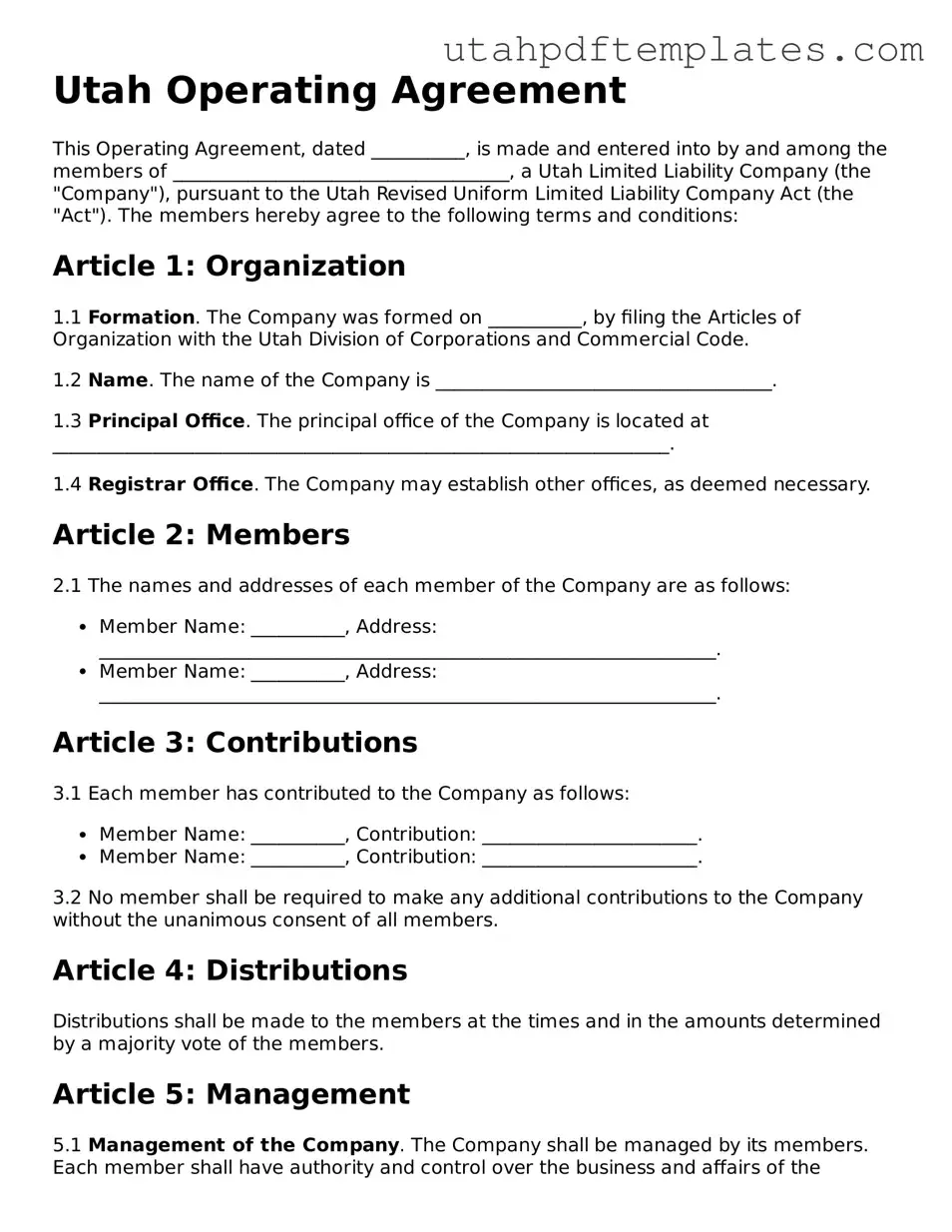 Fillable Operating Agreement Form for Utah State