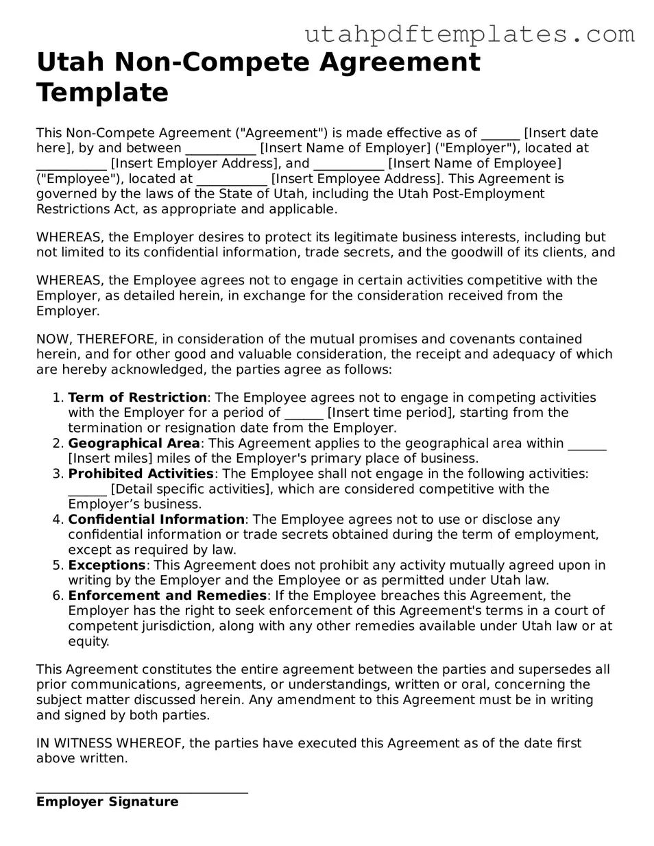 Fillable Non-compete Agreement Form for Utah State