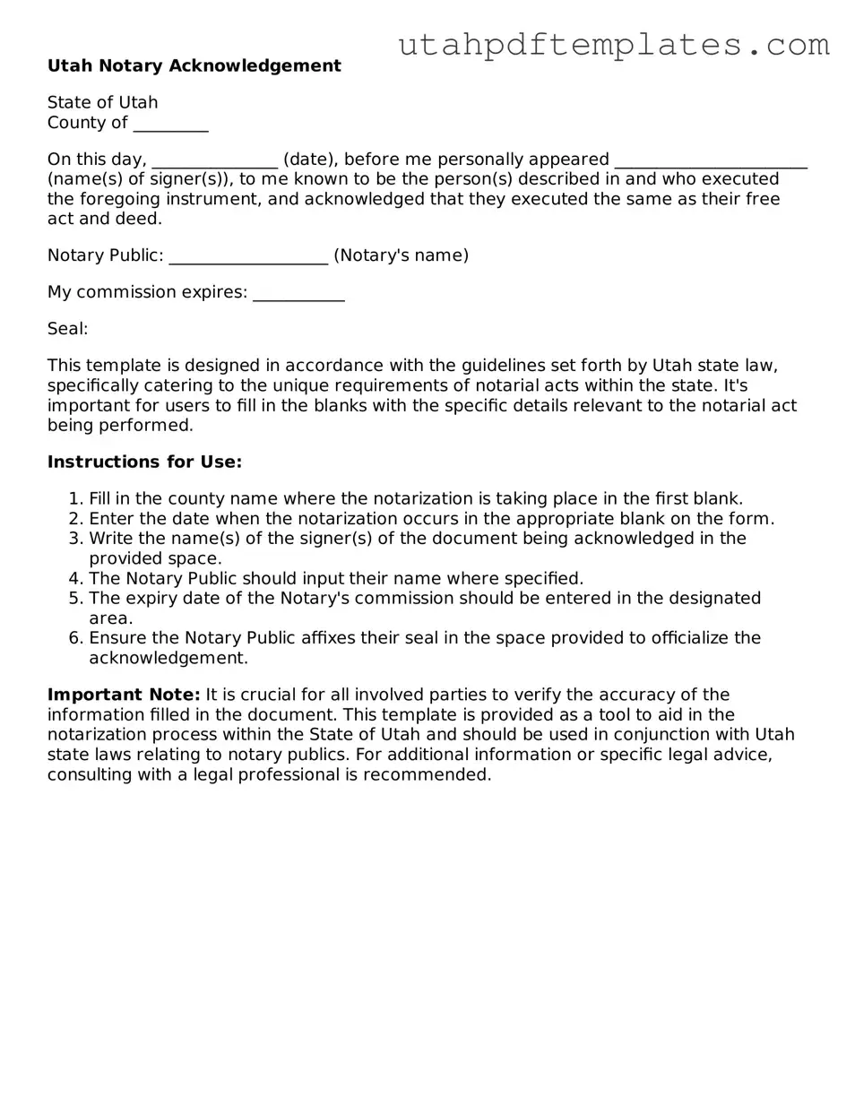 Fillable Notary Acknowledgement Form for Utah State