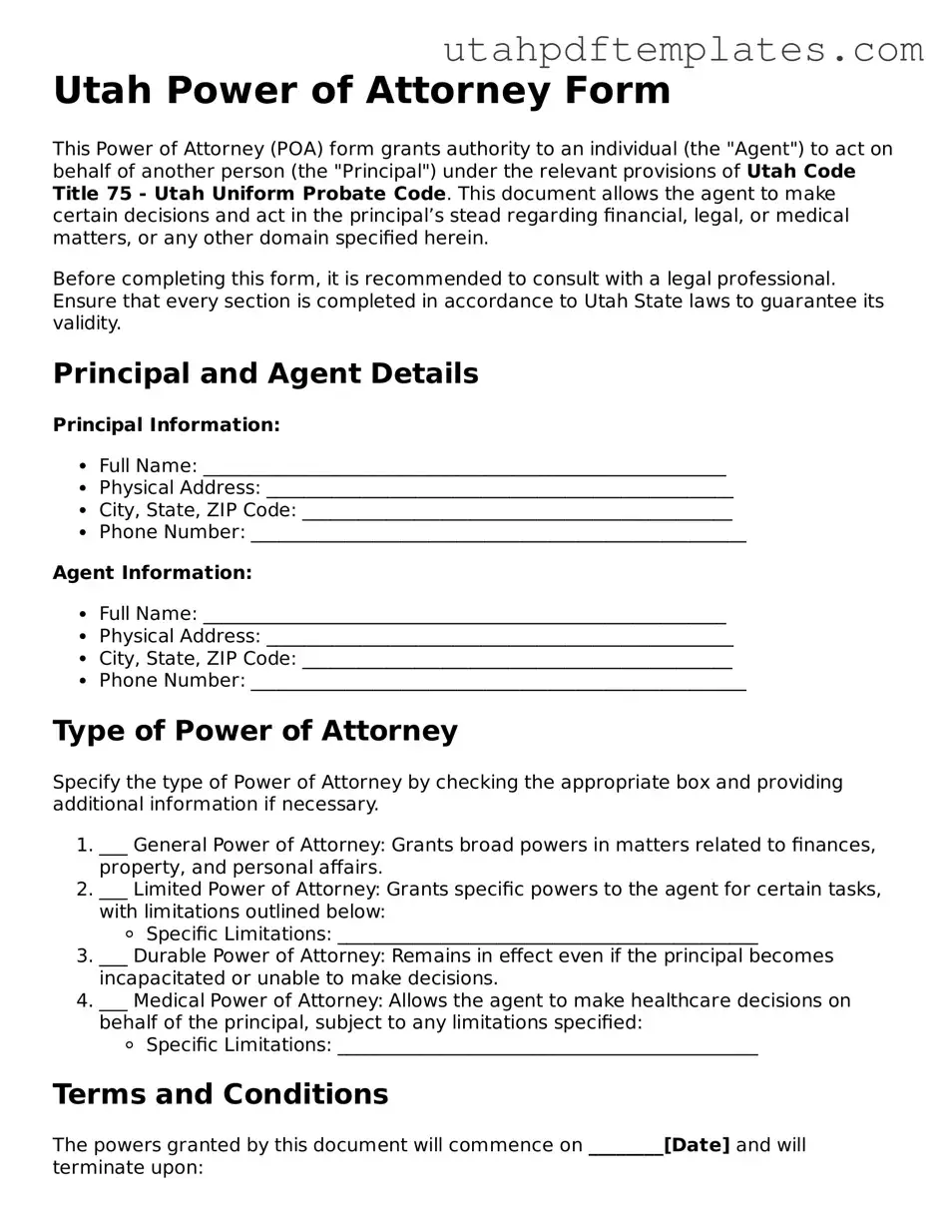 Fillable Power of Attorney Form for Utah State