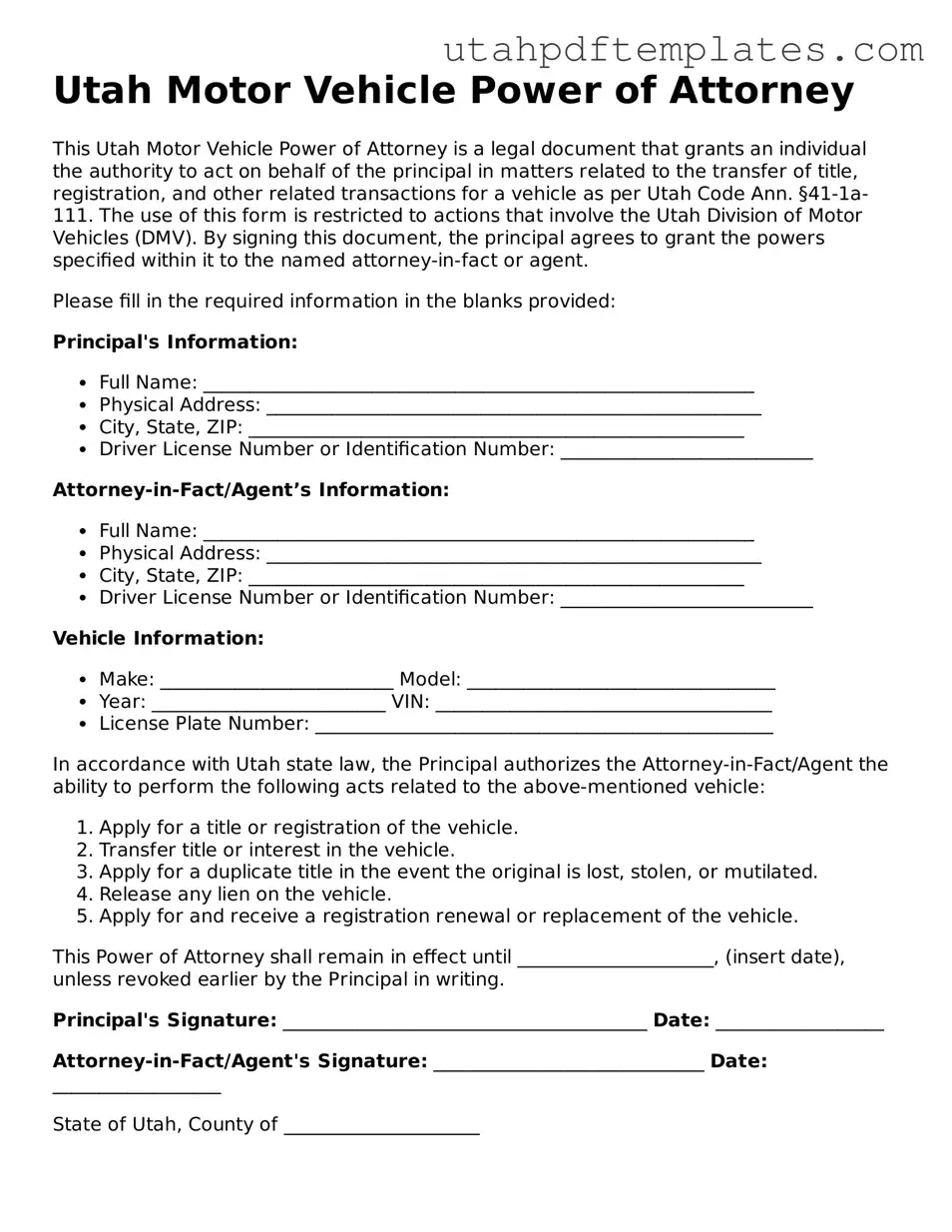 Fillable Motor Vehicle Power of Attorney Form for Utah State