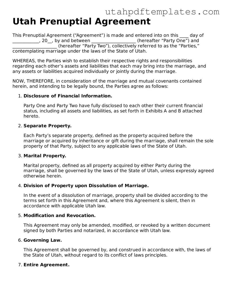 Fillable Prenuptial Agreement Form for Utah State