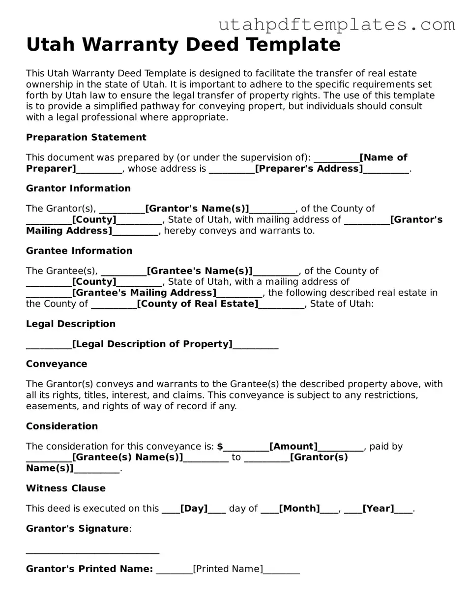 Fillable Deed Form for Utah State