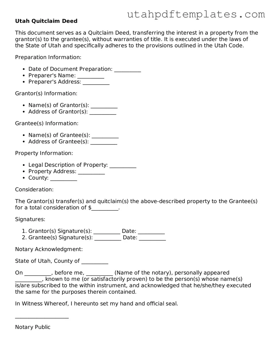 Fillable Quitclaim Deed Form for Utah State