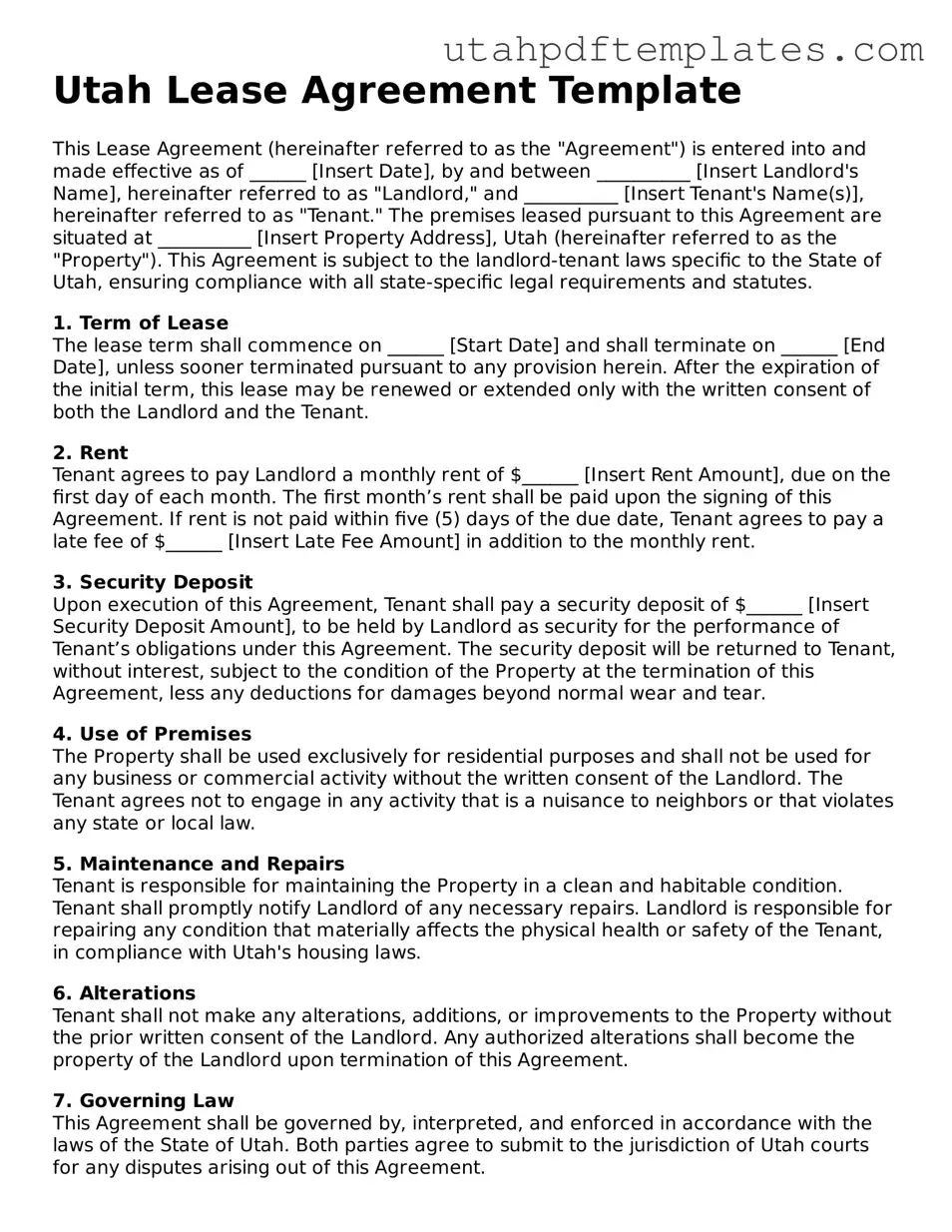 Fillable Lease Agreement Form for Utah State