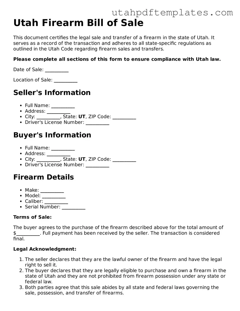 Fillable Firearm Bill of Sale Form for Utah State