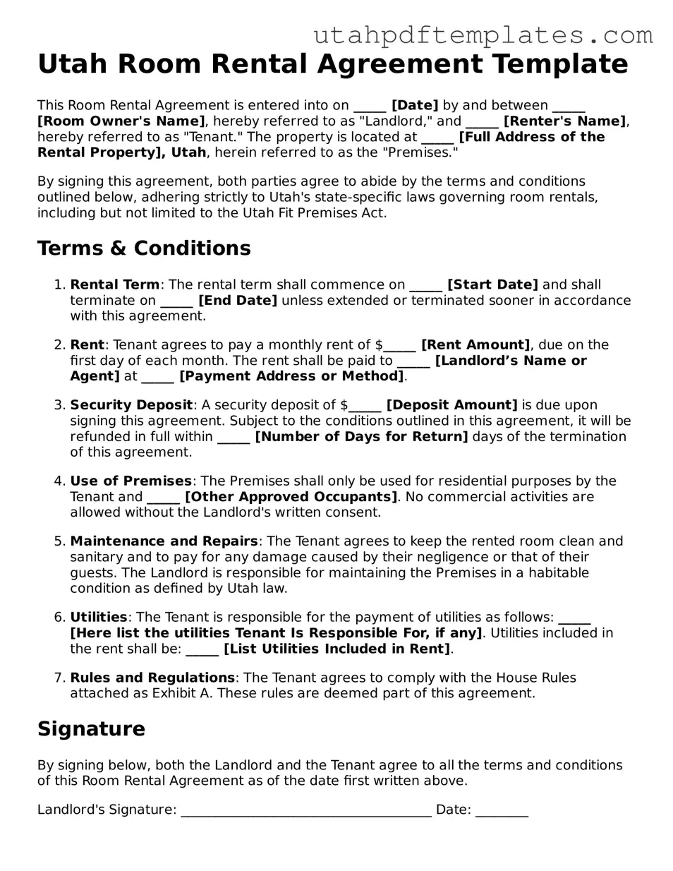 Fillable Room Rental Agreement Form for Utah State