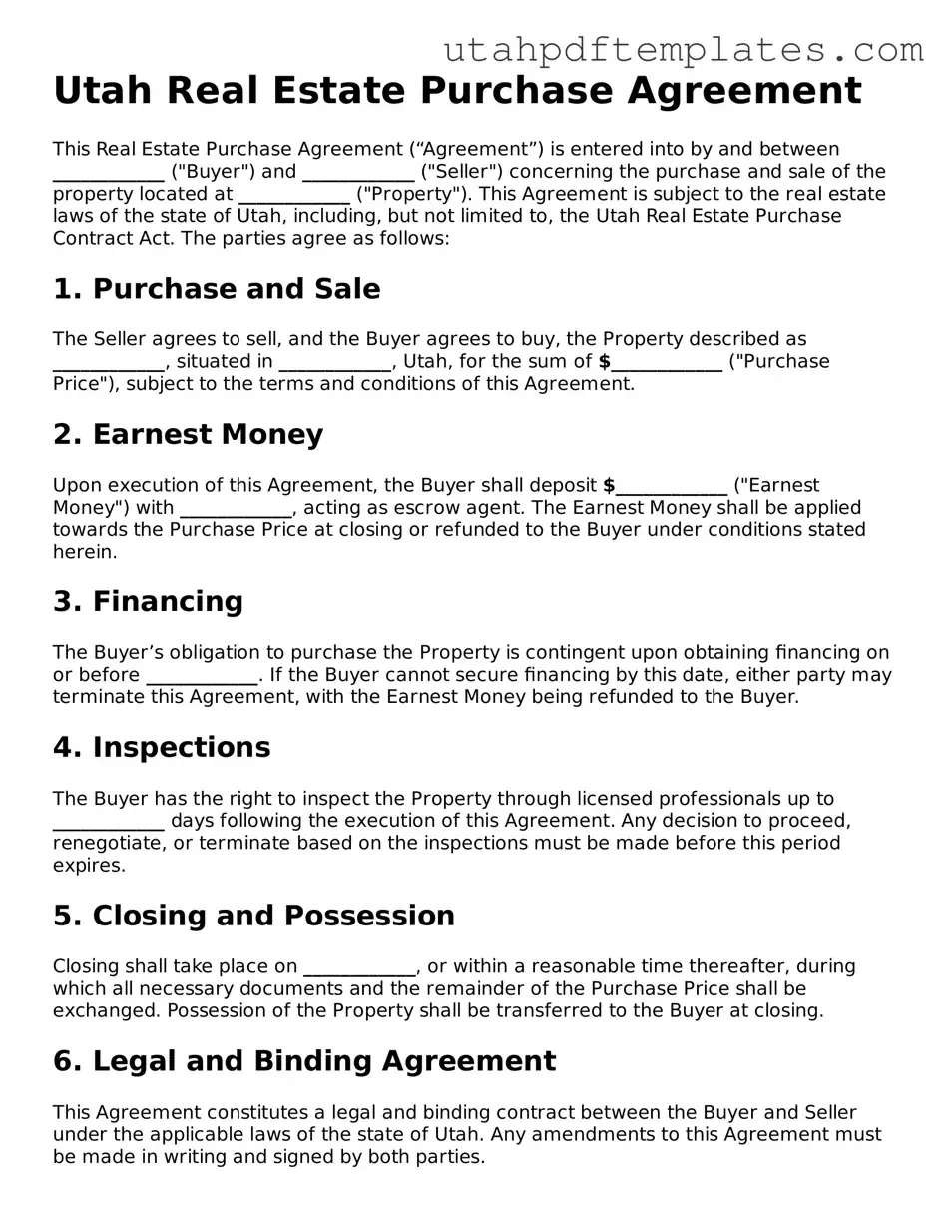 Fillable Real Estate Purchase Agreement Form for Utah State