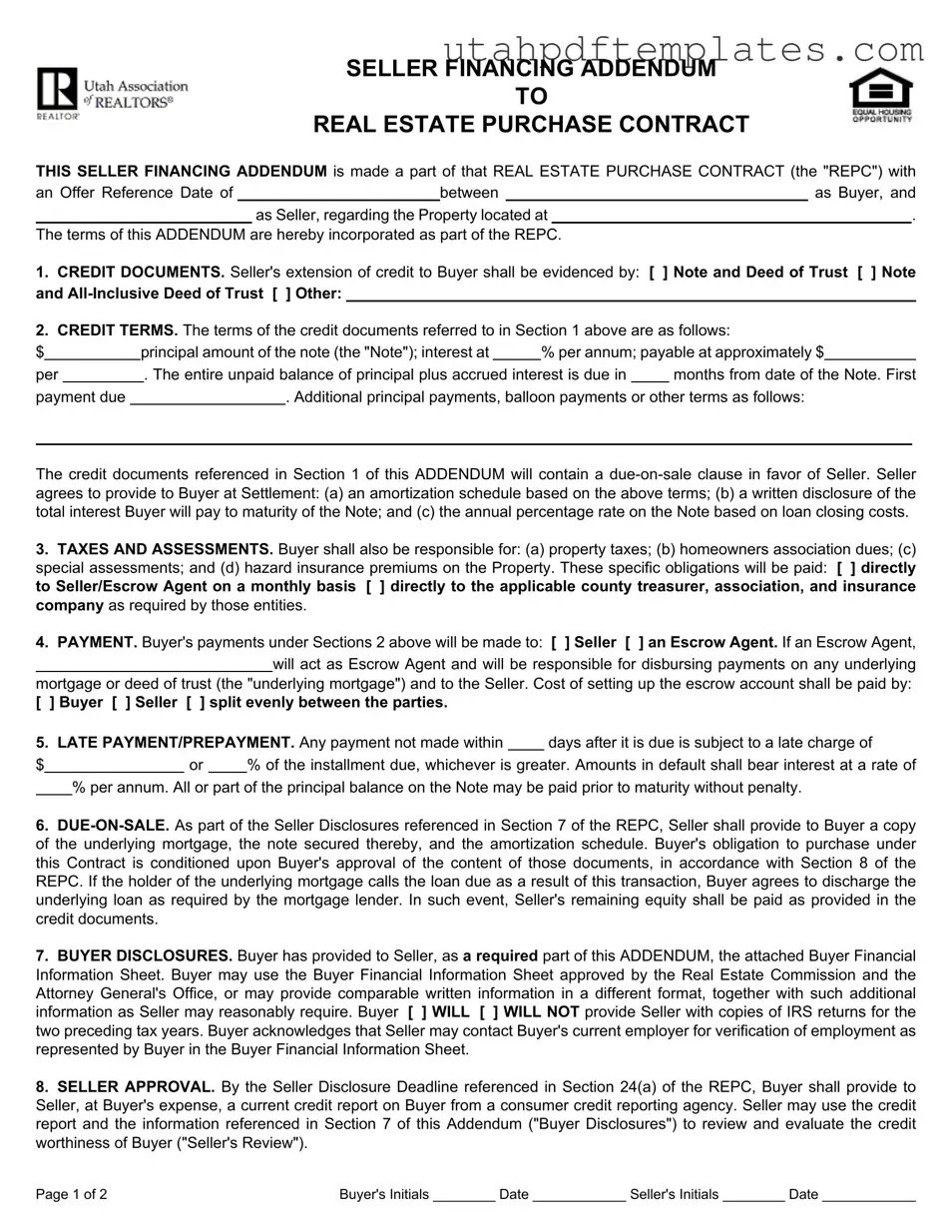 Fill in Your Utah Seller Financing Addendum Form
