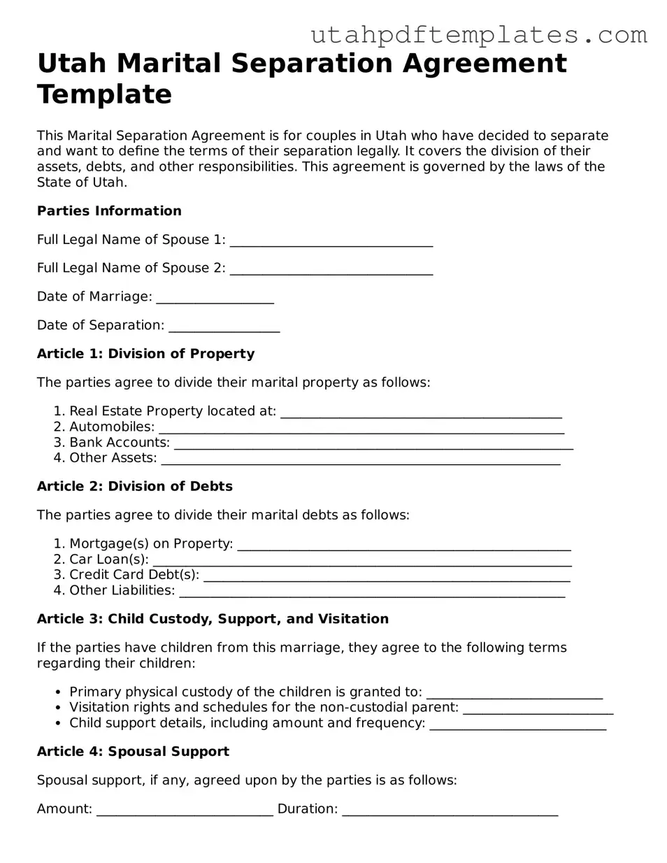 Fillable Marital Separation Agreement Form for Utah State